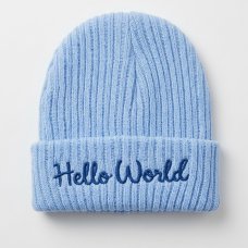 KW124: Baby Embroidered Hello World Knitted Hat- Sky (Newborn -3 Months)